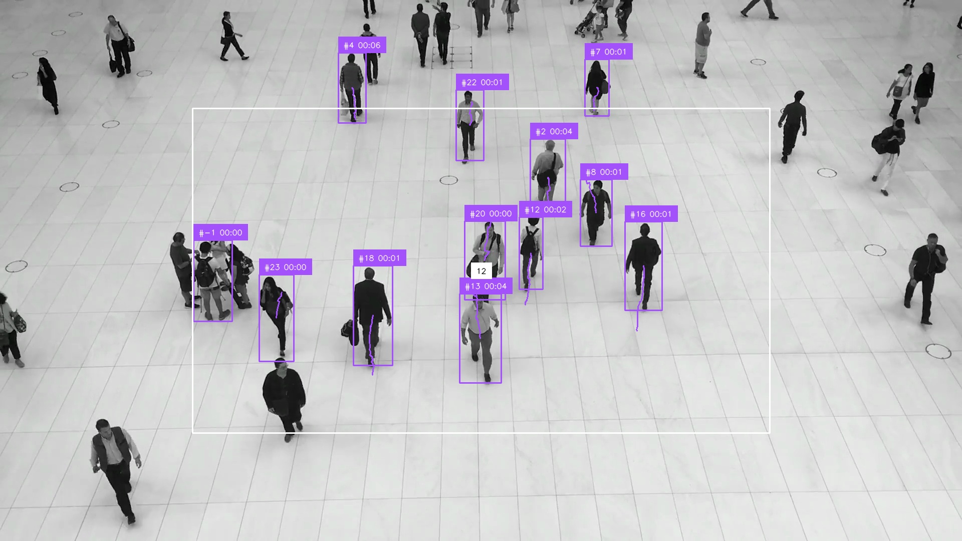 Tracked people annotated with their time in the central zone